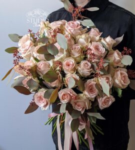 Bouquet of thirty-five roses with eucalyptus