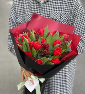Букет двадцять п'ять червоних тюльпанів зі скімією
