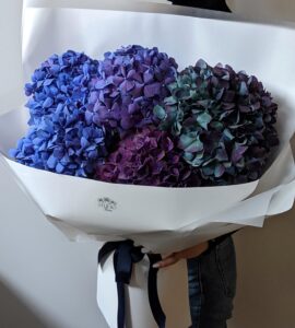 Bouquet of five dark blue hydrangeas