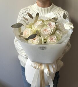 Bouquet of eleven White Ohara roses with eucalyptus