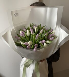 Bouquet of fifty-one white and lavender tulips