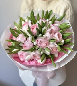 Bouquet of fifty-one tulips with ranunculus
