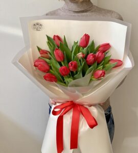 Bouquet of seventeen red peony tulips