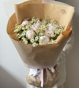 Bouquet of seven local peonies with chamomile