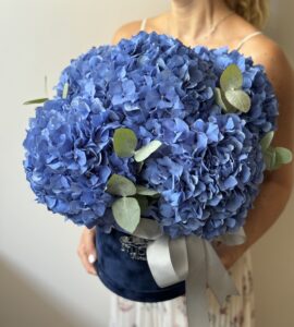 A bouquet of five blue hydrangeas in a box