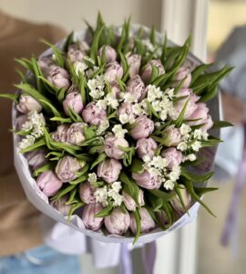 Bouquet of tulips with allium