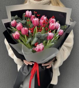 Winter Tulip Bouquet with Ilex